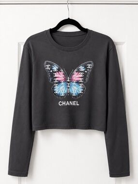 Dark Grey Cropped Top with Colorful Butterfly